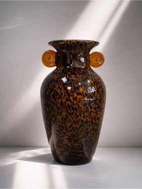 Murano Hand Blown Tortoiseshell Butterscotch Art Glass Vase Amber Leopard MCM